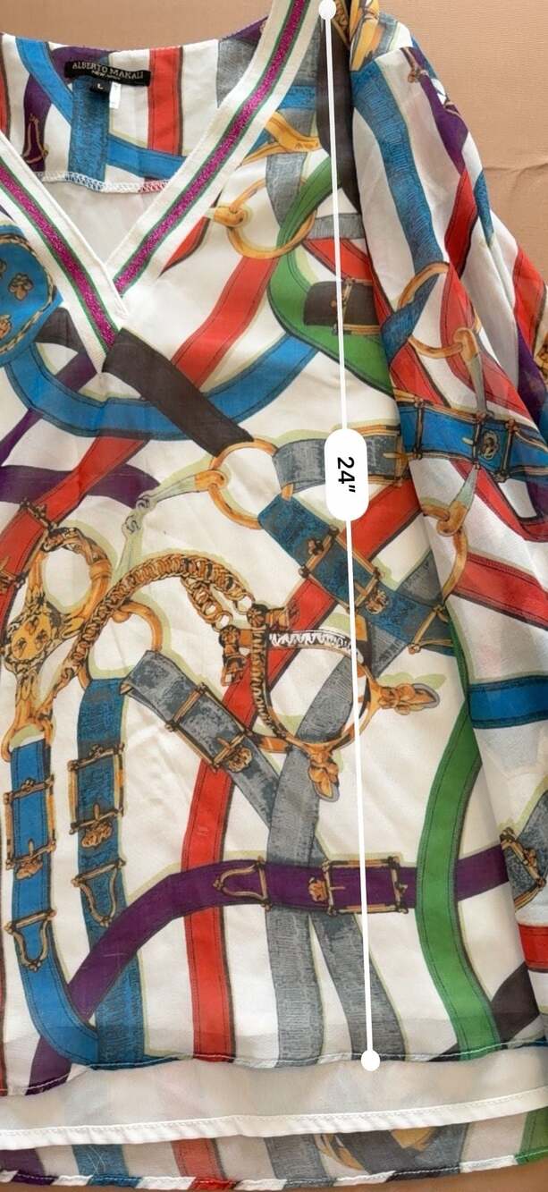 Alberto Makali Women's Multicolor Equestrian Belt and Chain Print V-Neck Long Sl - Picture 7 of 13